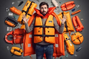 Confused man surrounded by life jackets and water safety equipment